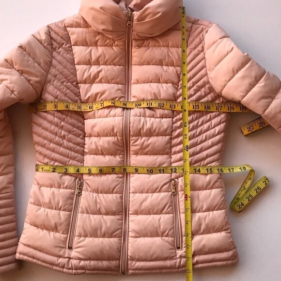 GUESS stretch water/windproof blush pink puffer moto contrasting vegan leather M - Picture 15 of 16